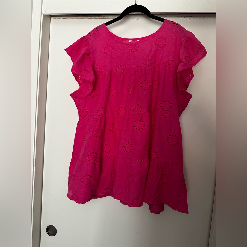 Pink Eyelet Ruffle Sleeve Top